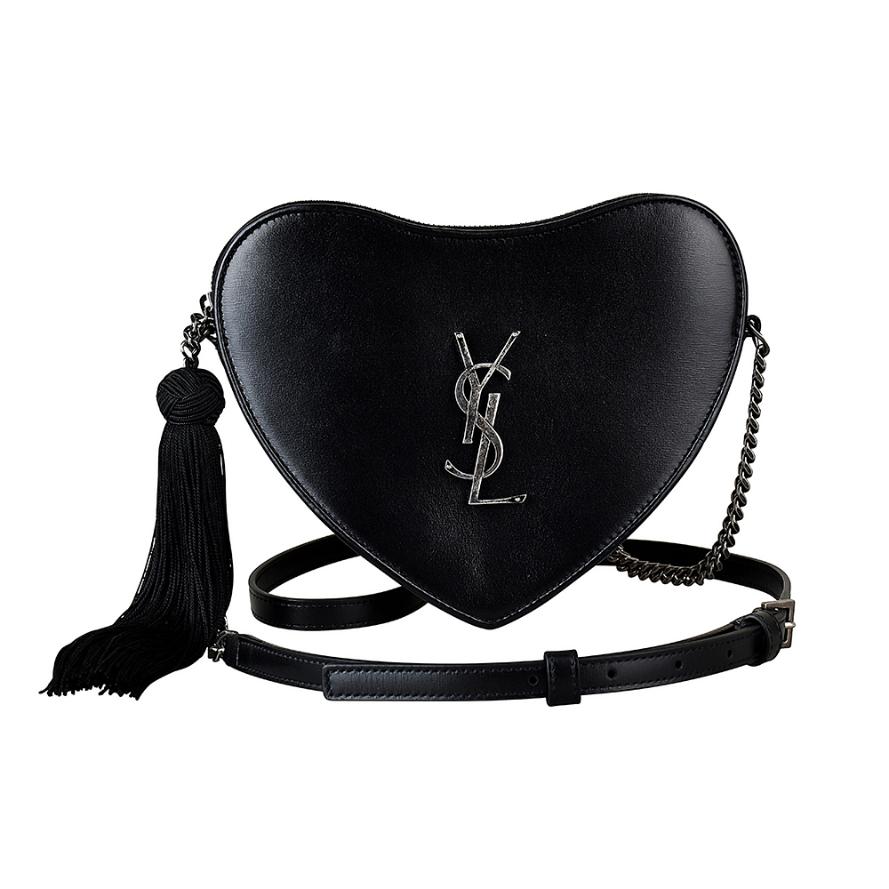 YSL SAINT LAURENT經典銀LOGO愛心流蘇設計牛皮拉鍊斜背包(黑)