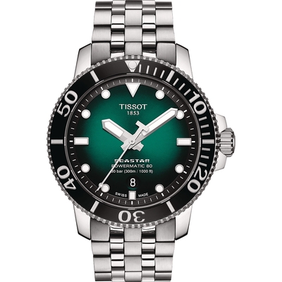 TISSOT 天梭 官方授權 Seastar 1000 海洋之星300米潛水機械錶 送禮推薦-綠/43mm T1204071109101