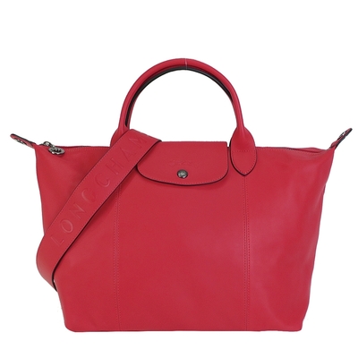 LONGCHAMP Le Pliage Cuir 小羊皮寬背帶短把折疊水餃包(中/紅)