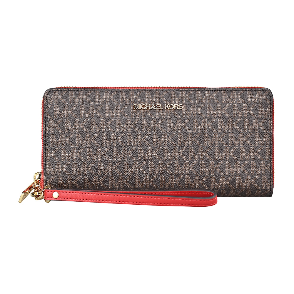 MK MICHAEL KORS JET SET TRAVEL金字字母LOGO PVC 16卡拉鍊長夾(紅x棕)