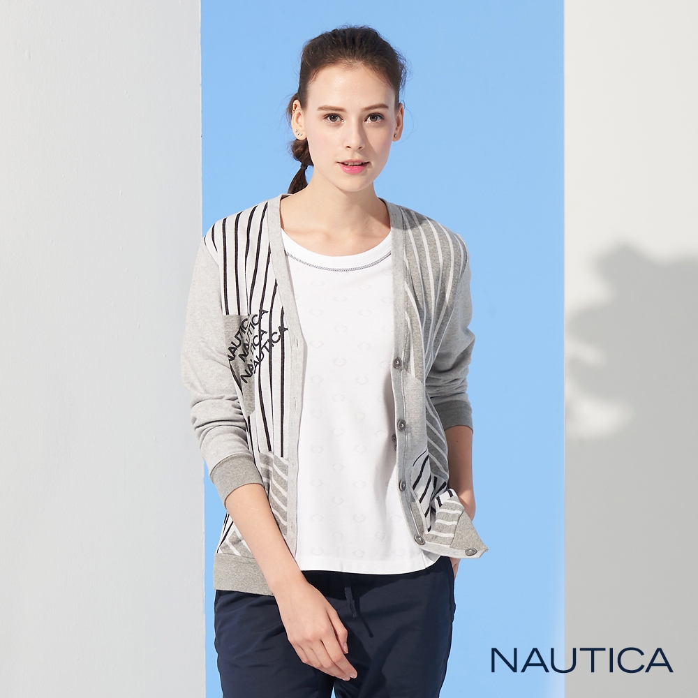 Nautica 女裝幾何條紋長袖針織外套-灰