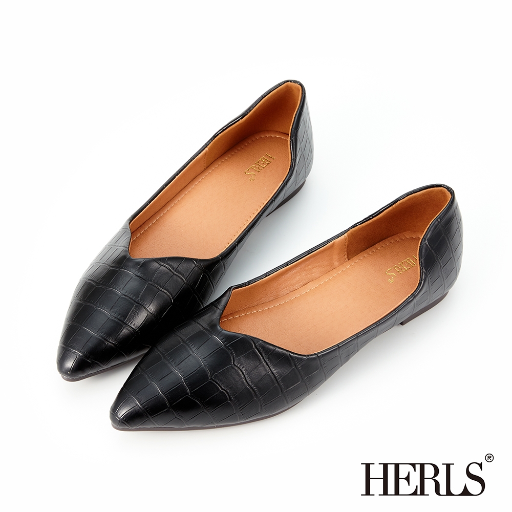 HERLS平底鞋 時髦V口石頭紋尖頭平底鞋 黑色