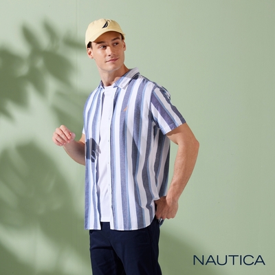 Nautica男裝 純棉條紋短袖襯衫-深藍