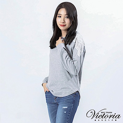 Victoria 袖拼接蕾絲拉克蘭長袖T-女-麻灰