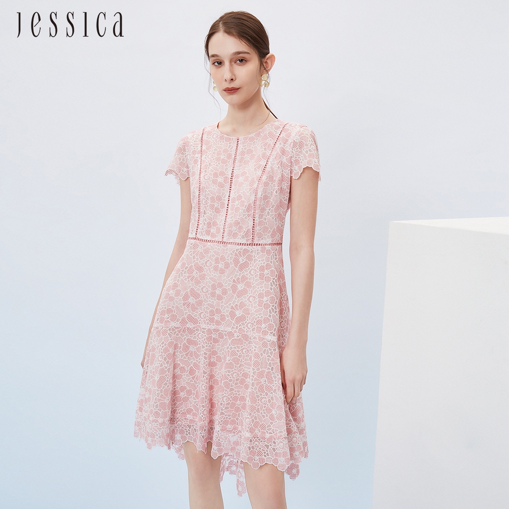 JESSICA - 甜美花卉蕾絲前短後長短袖洋裝233171（粉）