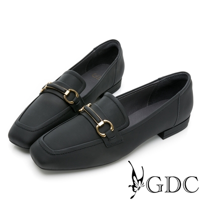 GDC-韓系基本金屬釦舒適平底真皮樂福鞋-黑色