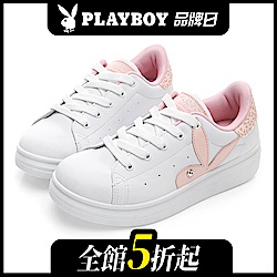 PLAYBOY 俏皮豹紋仿皮綁帶休閒鞋-白粉-Y521719