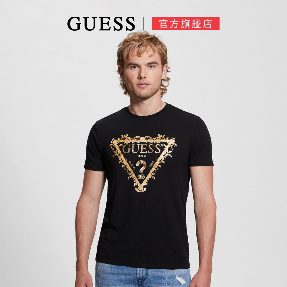 【GUESS】燙金邊框LOGO短T-黑