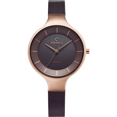 【OBAKU】丹麥都會女性光動太陽能金屬米蘭帶腕錶-咖啡金-32mm