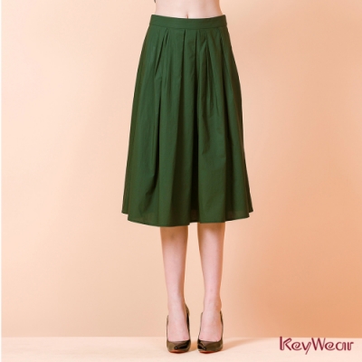 KeyWear奇威名品   簡約打褶設計中長裙-橄欖綠色