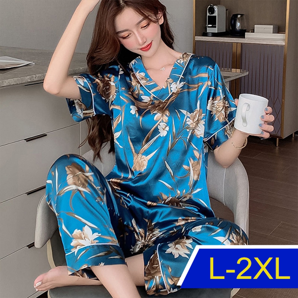 [韓國K.W.]韓國冰絲稠藍金花休閒套裝(涼感/睡衣套裝/短袖)