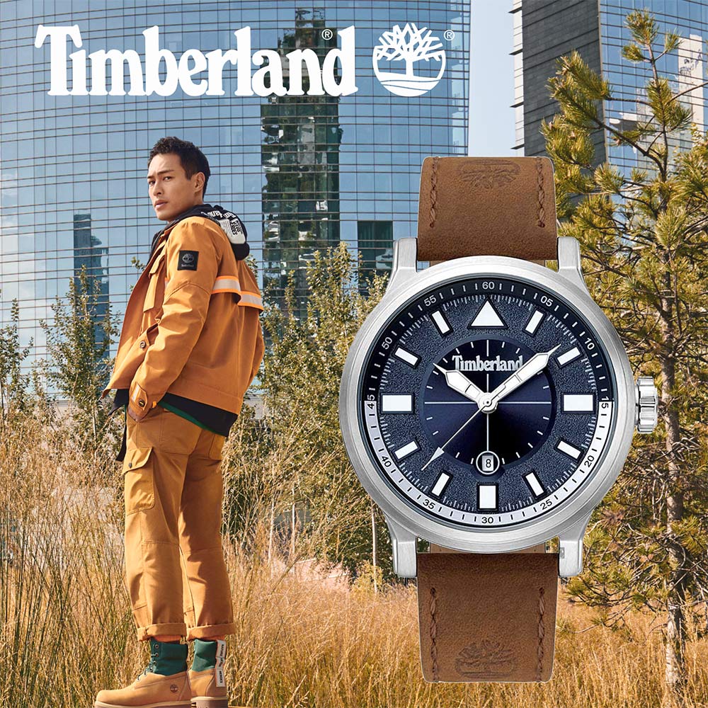 Timberland天柏嵐 探險家時尚手錶-藍灰x咖啡/46mm