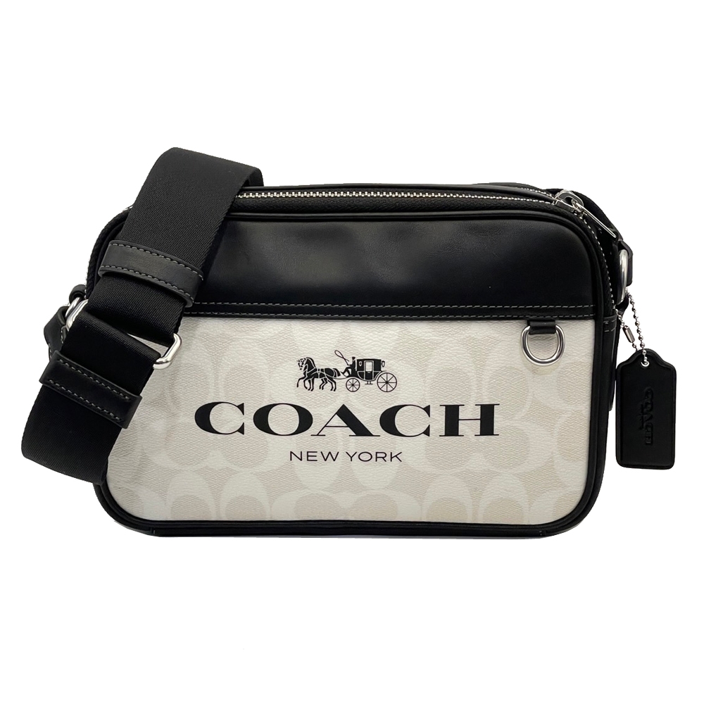 COACH 男款經典C LOGO雙層拉練郵差/斜背包(黑/白)