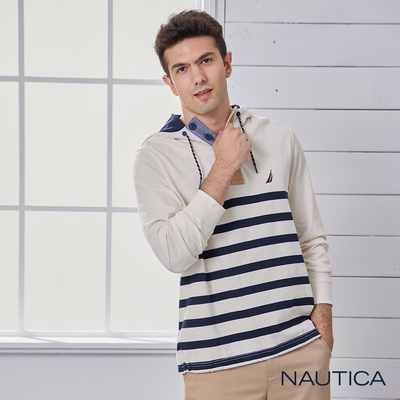 Nautica 男裝 潮流品牌LOGO條紋長袖帽TEE-白色