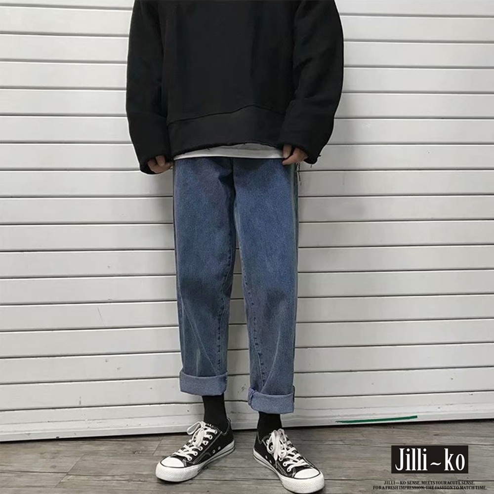 JILLI-KO 寬鬆直筒復古牛仔褲- 藍色