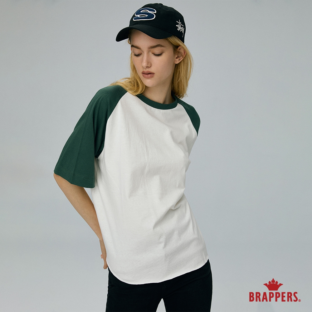 BRAPPERS 女款 拉克蘭袖撞色印花T恤-米白+深綠