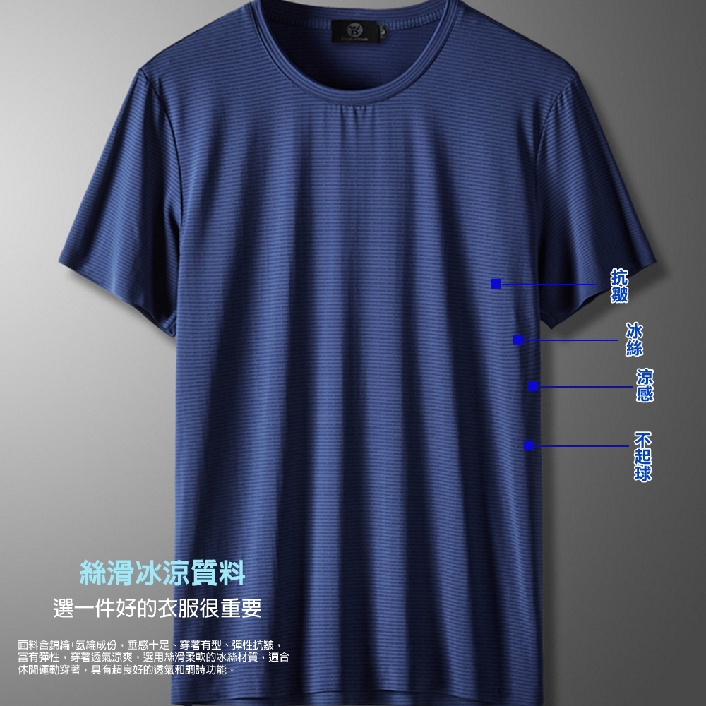 拉福，M-3L冰絲傑伯男運動T恤圓領休閒路跑運動衣(藍)
