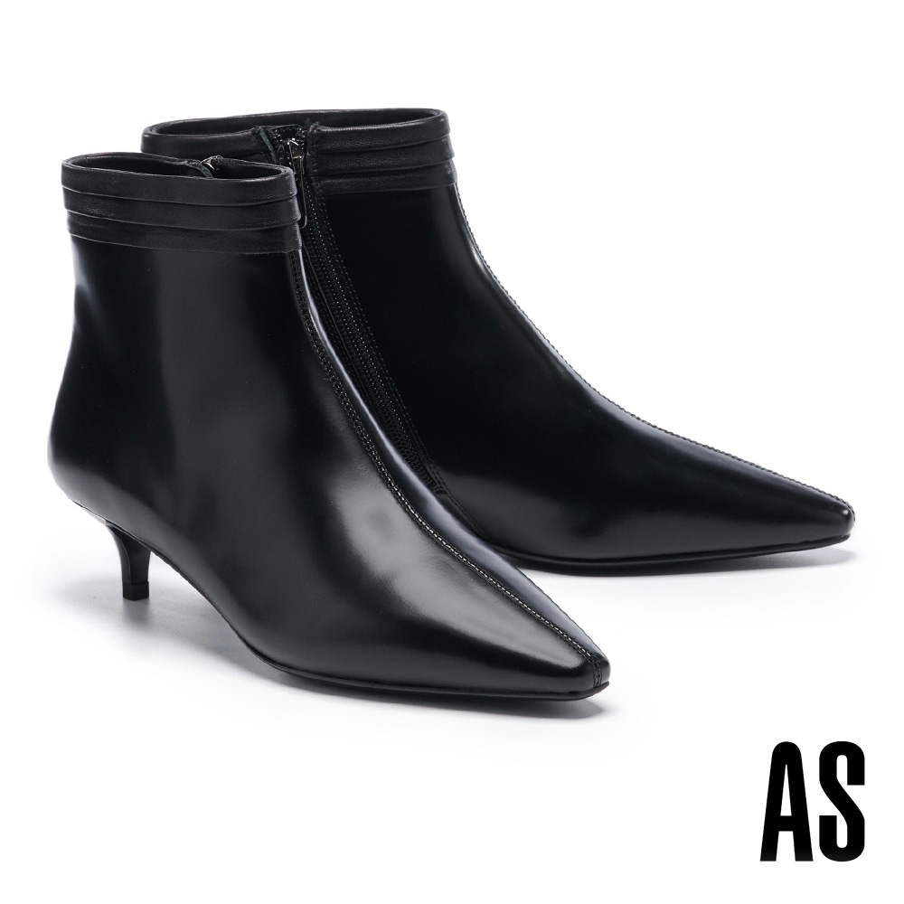 短靴 AS 極簡俐落層疊造型全真皮方頭高跟短靴－黑 product image 1
