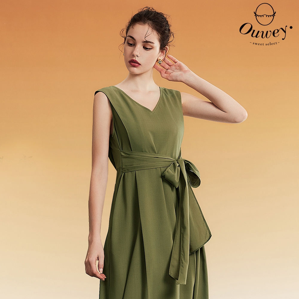 OUWEY歐薇 甜美綁帶V領織紋無袖長洋裝(綠色；S-L)3232397008
