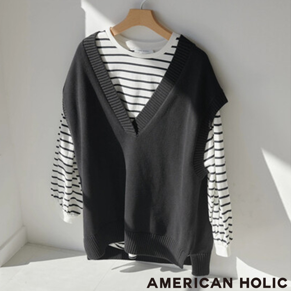 AMERICAN HOLIC 【SET ITEM】奈緒著用款-V領針織背心+素面剪裁套頭上衣