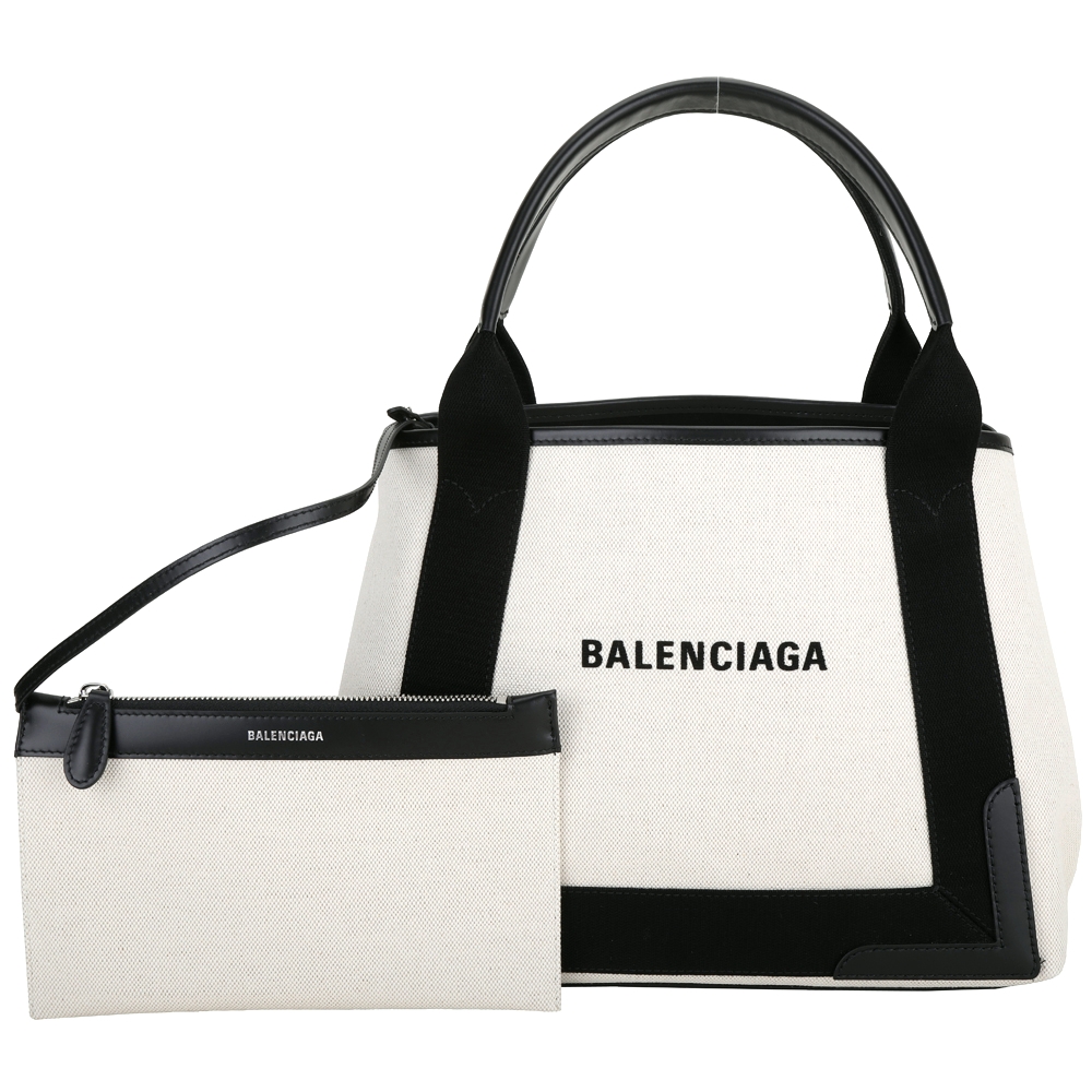 BALENCIAGA Navy Cabas S 展示品 字母帆布撞色手提/肩背包(附萬用包/正左側整新非原廠釦)