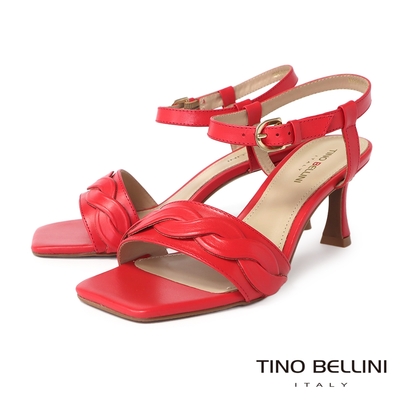 Tino Bellini 巴西進口牛皮優雅弧線繫踝高跟涼鞋-紅