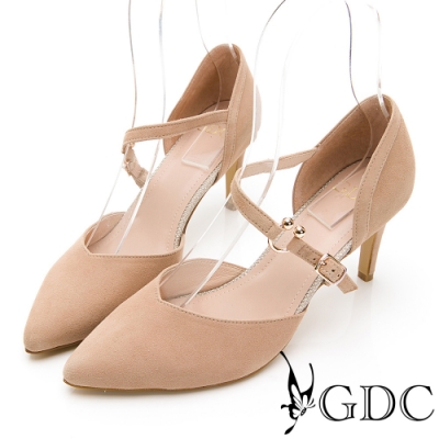 GDC-俏麗佳人羊皮設計感繞帶中空尖頭涼跟鞋-裸色