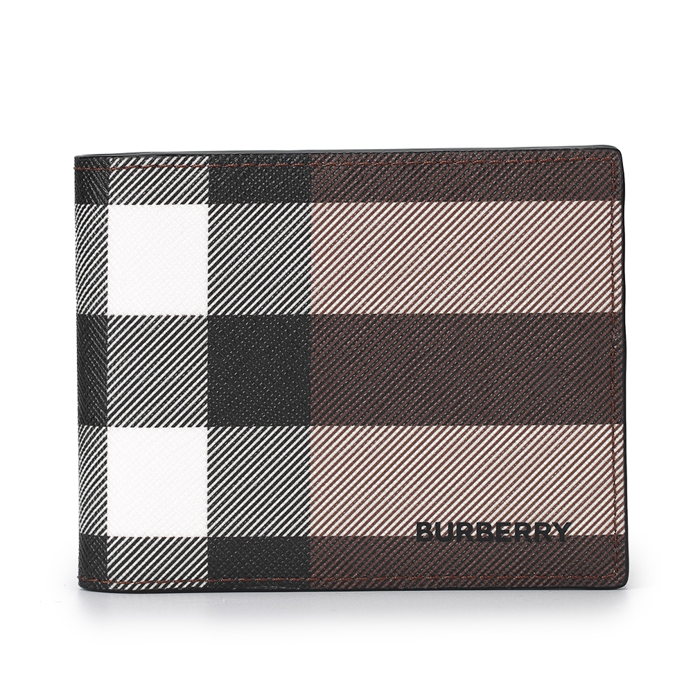 BURBERRY 經典格紋環保帆布對折短夾-暗樺木棕色