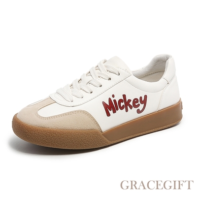 【Grace Gift】迪士尼米奇款字樣撞色休閒鞋 杏
