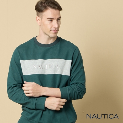 Nautica 男裝 品牌文字LOGO刺繡拼接大學T-綠