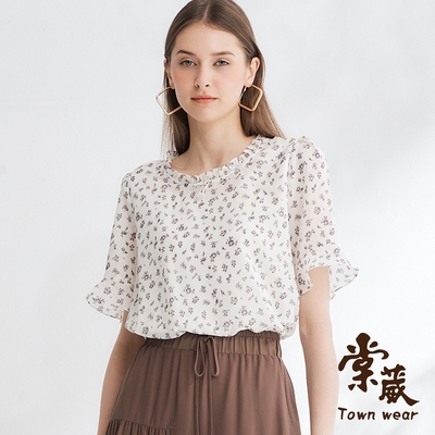 【TOWNWEAR棠葳】日系清新印花珍珠上衣(女上衣/短袖/圓領/蝴蝶結/細格紋)