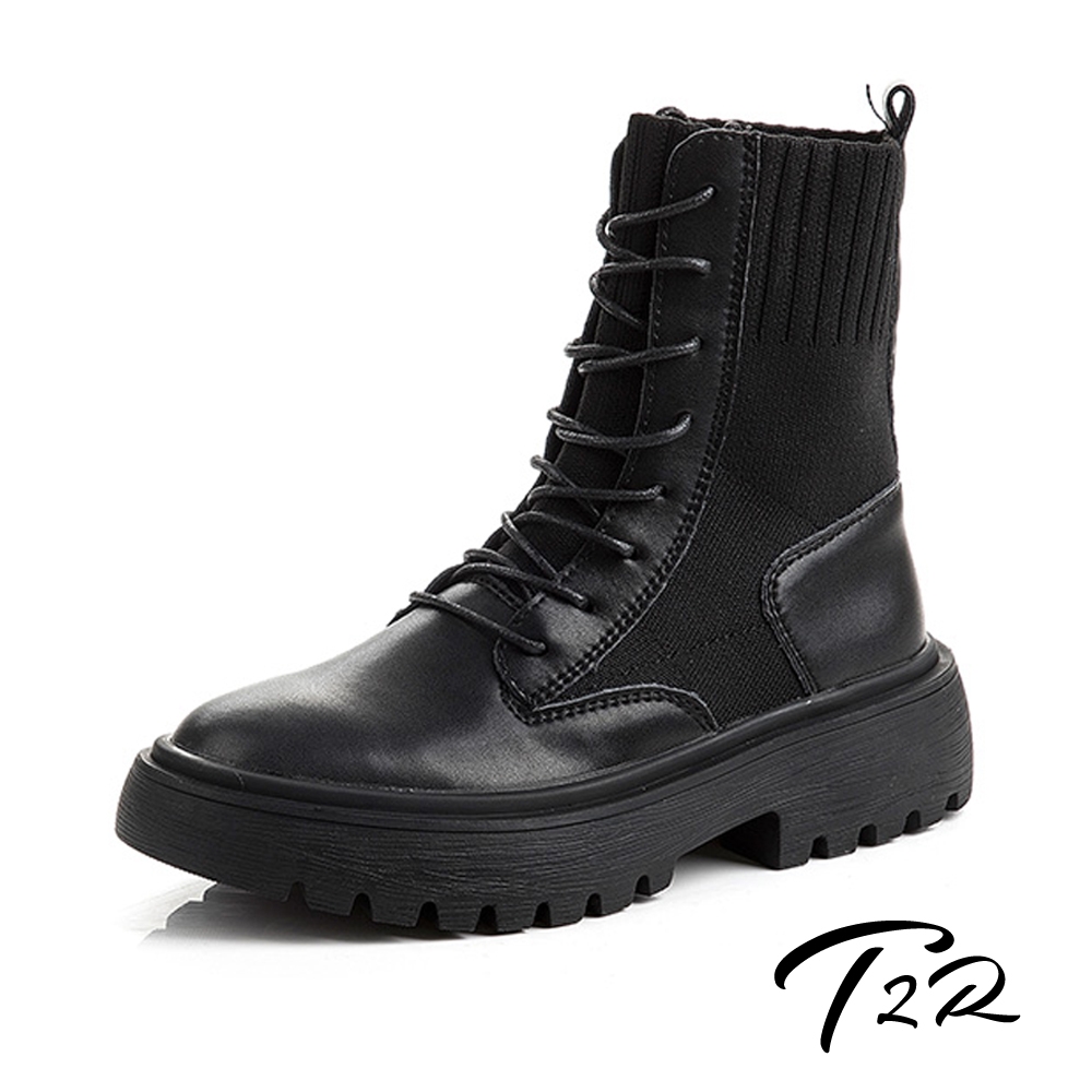 T2R-正韓空運-真皮綁帶造型潮流襪靴-增高約5.5公分-黑