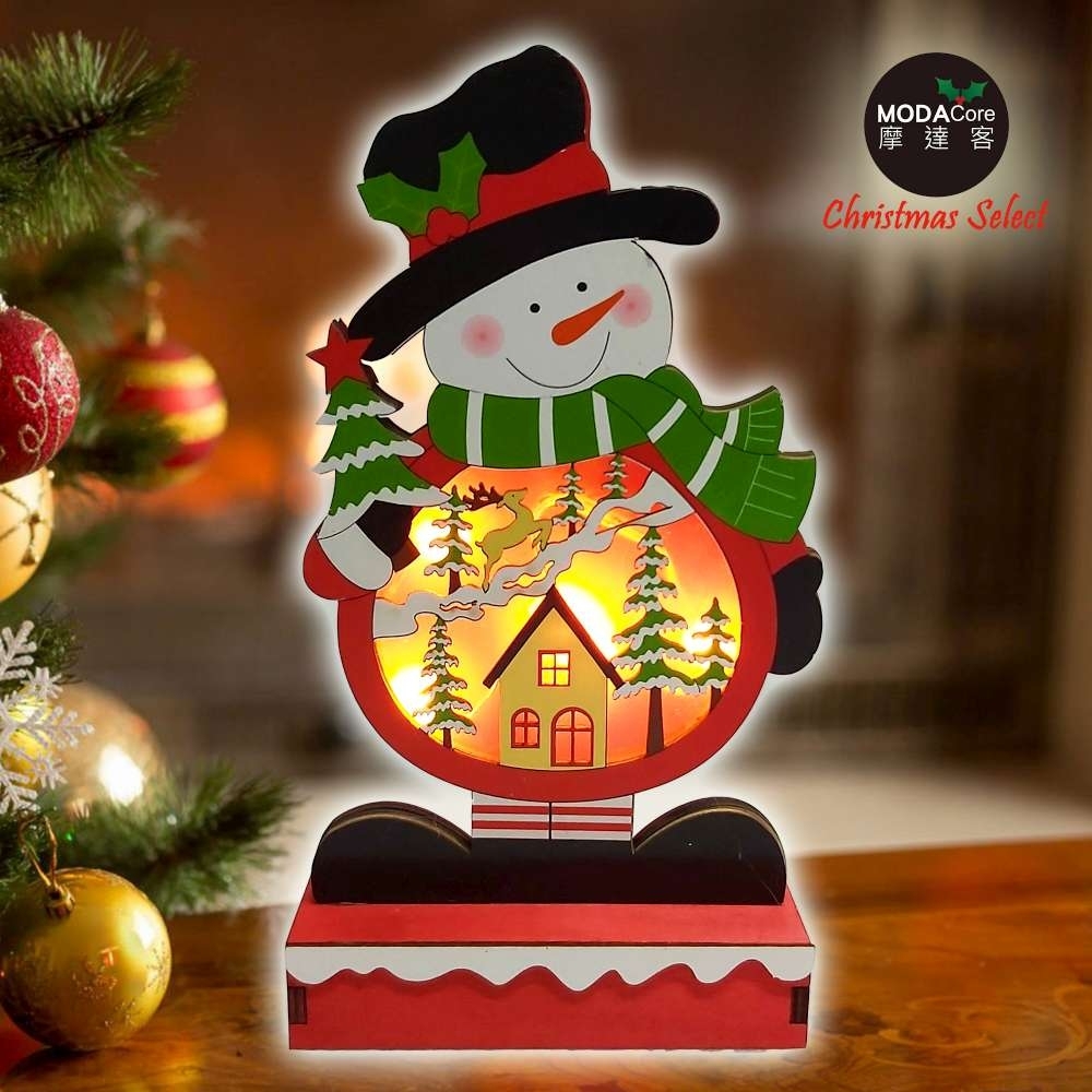 交換禮物-摩達客 木質製彩繪雪人造型聖誕夜燈擺飾 (電池燈)