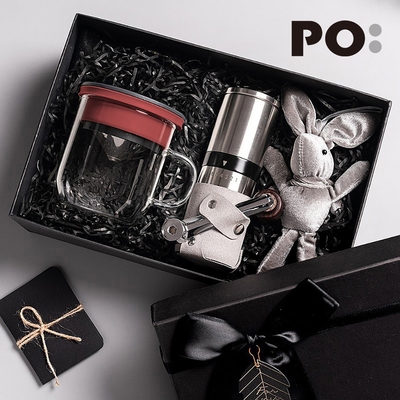 【PO:Selected】丹麥手沖咖啡禮盒組(手動不鏽鋼咖啡磨2.0/咖啡玻璃杯350ml-黑紅)