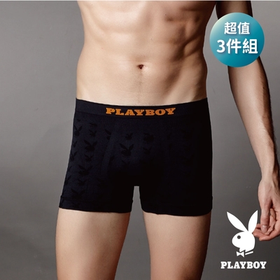 【PLAYBOY】琱紋立體彈性平口褲(三件組)-黑色