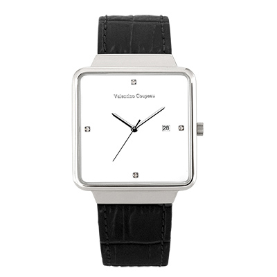 Valentino Coupeau 范倫鐵諾 古柏 輕巧極簡設計腕錶【銀色/黑皮/白珠】