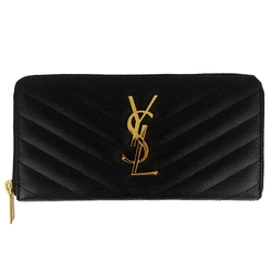 YSL MONOGRAM V型縫線珍珠紋牛皮金LOGO拉鍊長夾