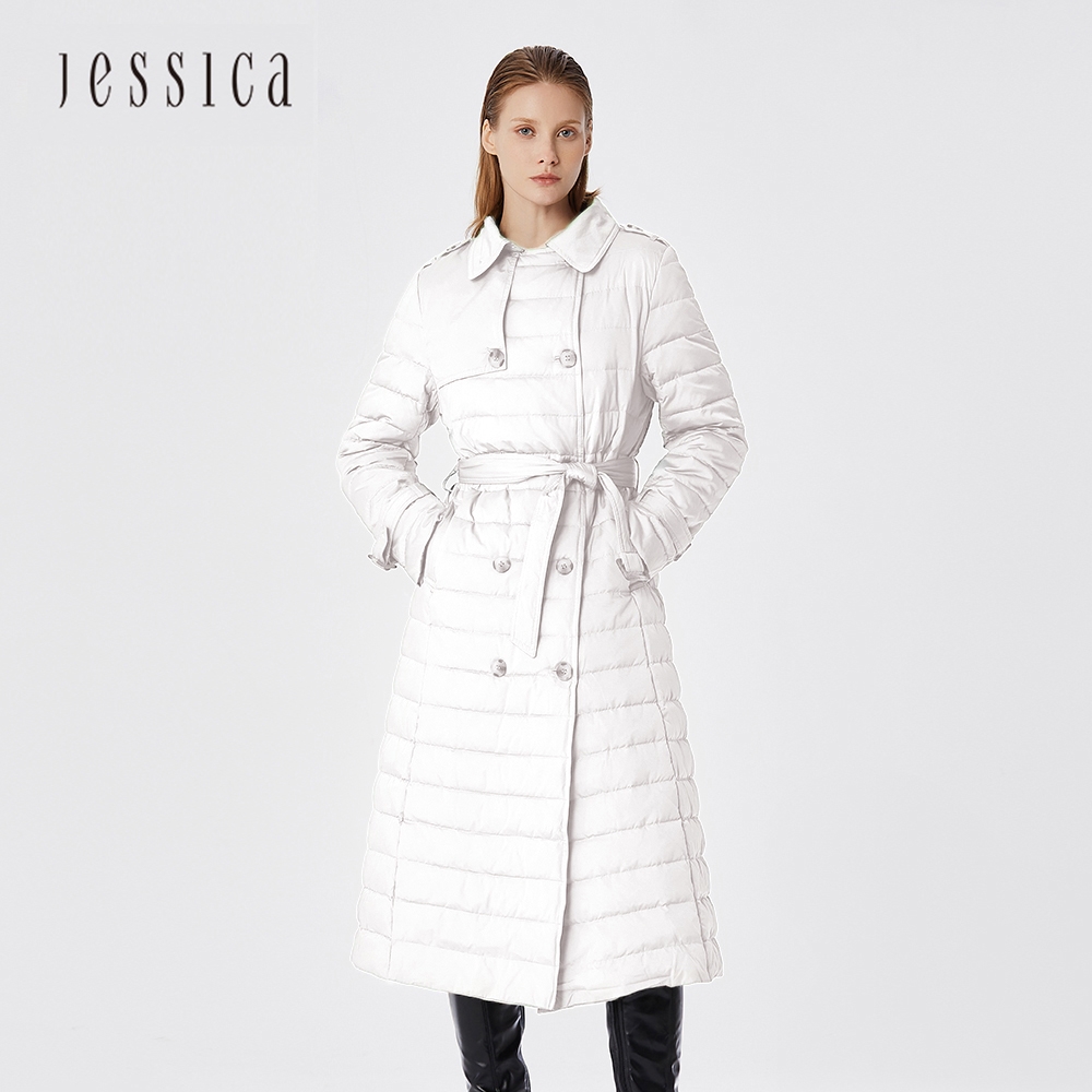 JESSICA - 保暖綁帶修身雙排釦長款羽絨大衣外套214ZC4（白）
