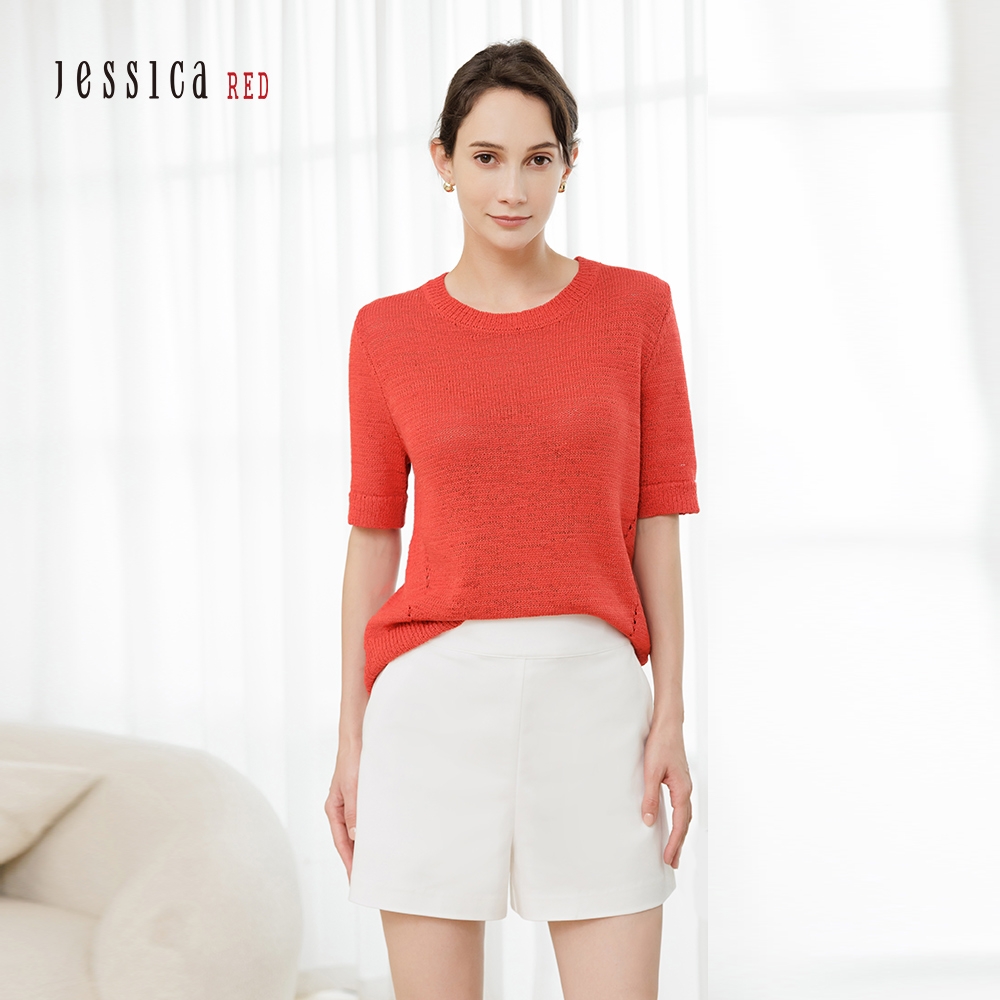 JESSICA RED - 簡約百搭舒適透氣棉質短袖針織衫（紅）823151