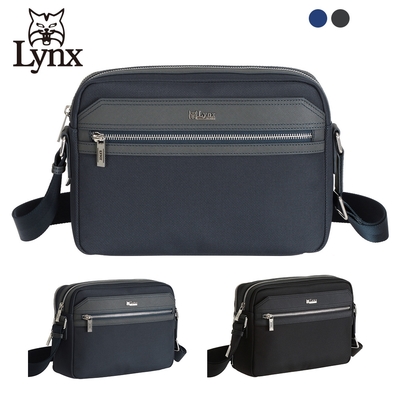 【Lynx】美國山貓十字紋牛皮防潑水尼龍布包橫式側背包(大) 多格層收納-藍/黑