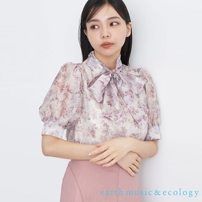 earth music 可拆綁結領帶微透花朵圖案泡泡袖上衣