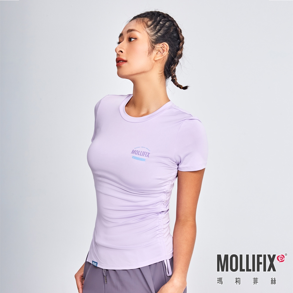 Mollifix 瑪莉菲絲 側抽皺短袖訓練上衣、瑜珈服 (霧紫)