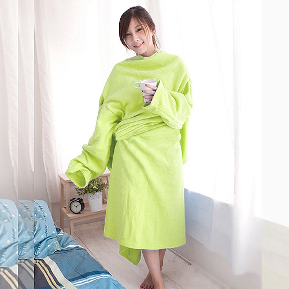 米夢家居-100%台灣製造-保暖禦寒輕柔加厚懶人袖毯(芥茉綠)