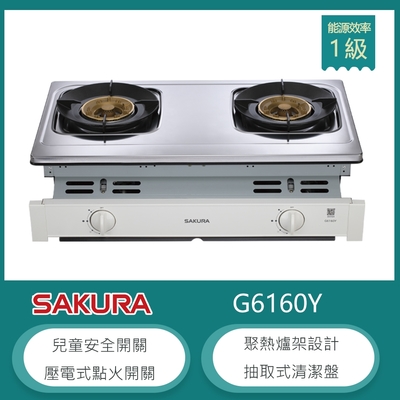 櫻花牌 G6160Y(LPG) 聚熱焱嵌入式瓦斯爐 二口不鏽鋼 聚熱焱 聚熱爐架 雙環設計 清潔盤