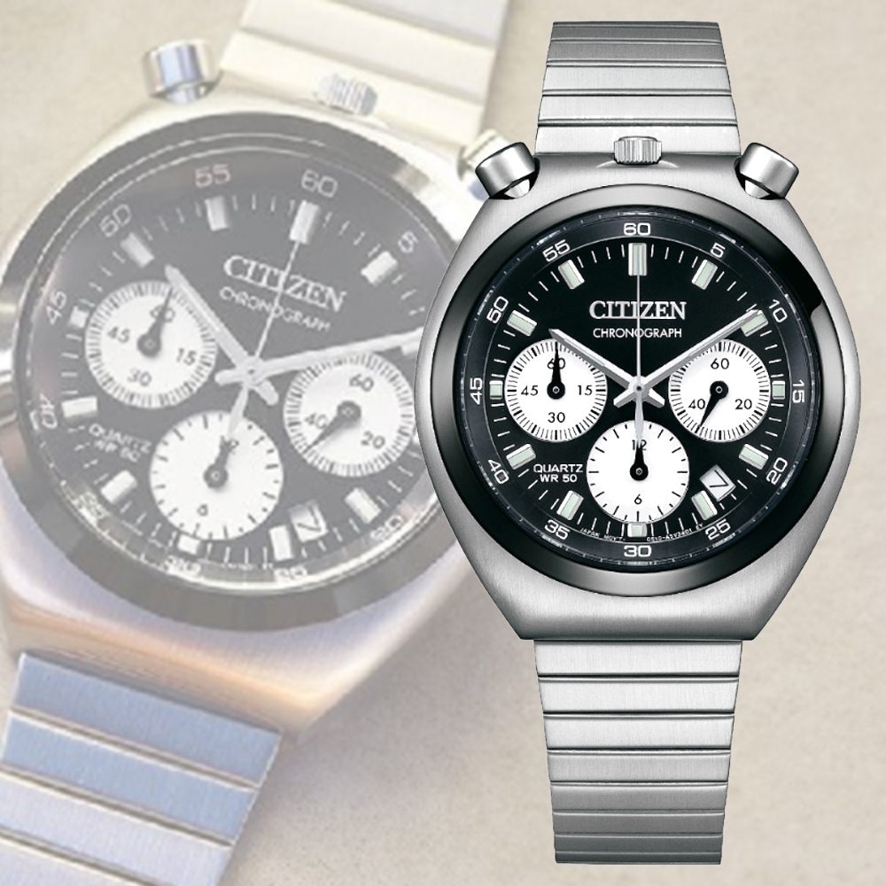 CITIZEN 星辰 Chronograph 復刻 碼錶計時三眼不鏽鋼石英錶-黑色38mm(AN3660-81E 防水50米)