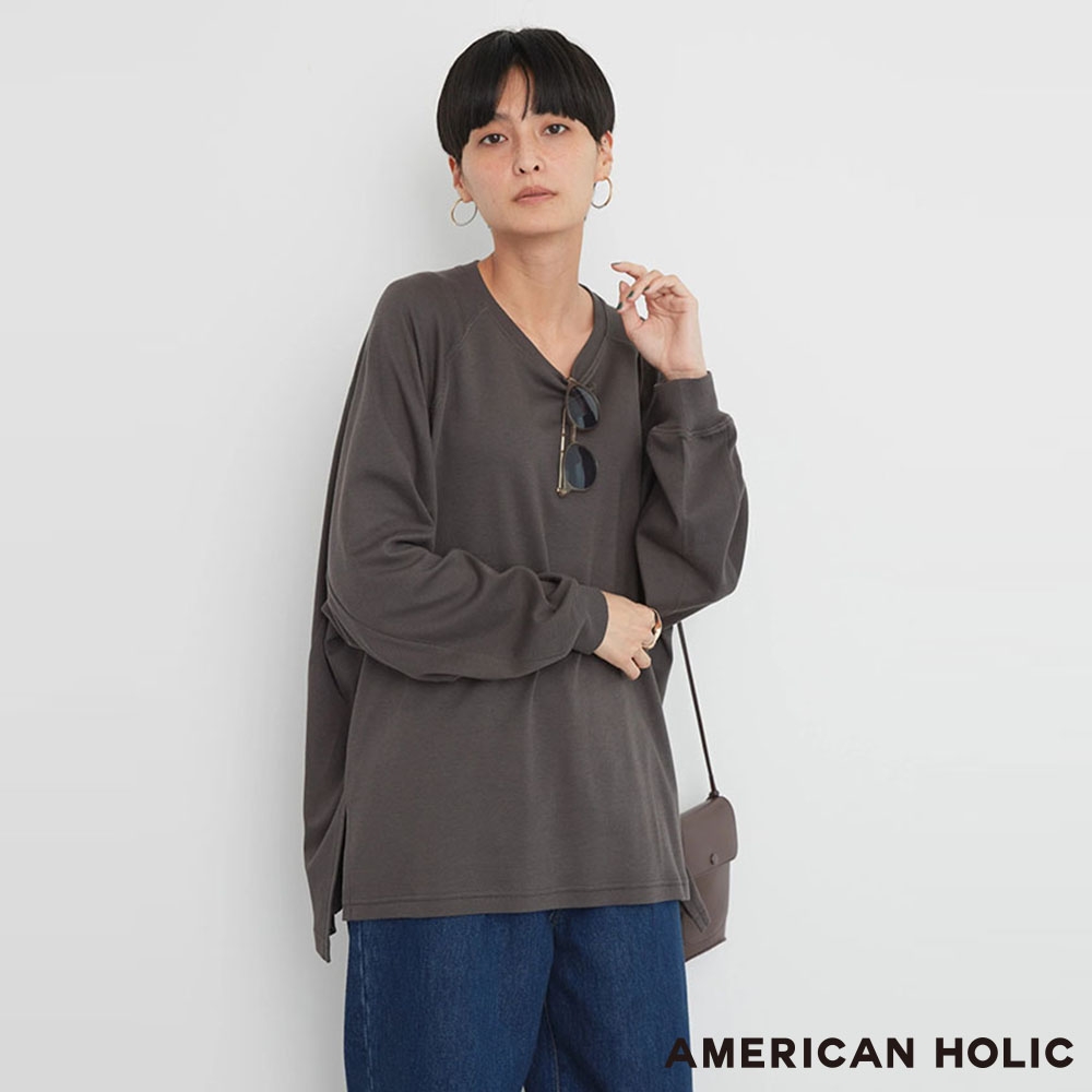 AMERICAN HOLIC  素面落肩下開衩休閒T恤