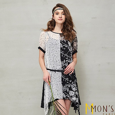 MONS  兩件式雪紡絲綢撞色飄逸洋裝