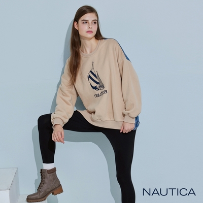 Nautica 女裝 品牌LOGO異材質拼接刷毛大學T-卡其