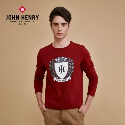 JOHN HENRY 復古盾牌桂冠印花長袖T恤-紅