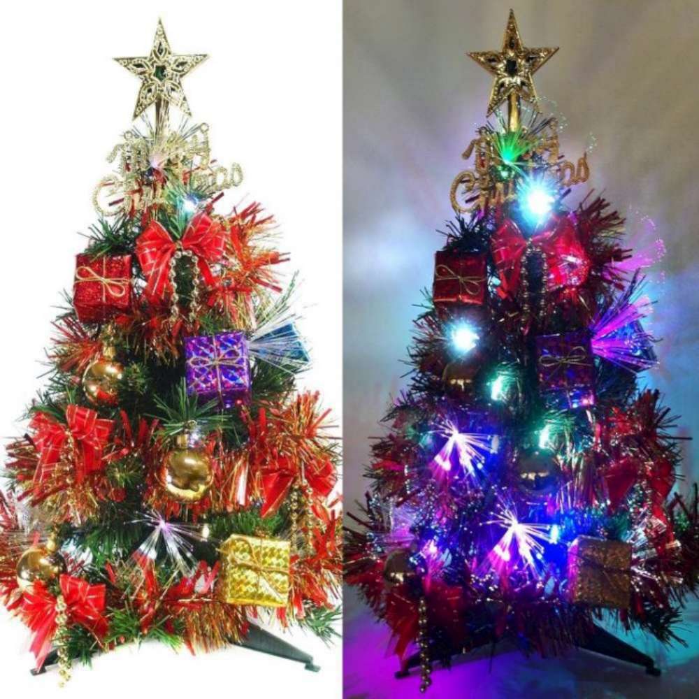 摩達客 夢幻多變2尺(60cm)彩光LED光纖聖誕樹(+紅金色系飾品組)
